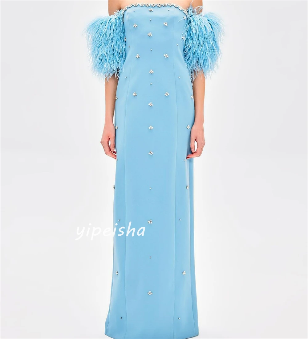 Jersey Sequined Feather Ruched Birthday A-line Off-the-shoulder Bespoke Occasion Gown Long Dresses