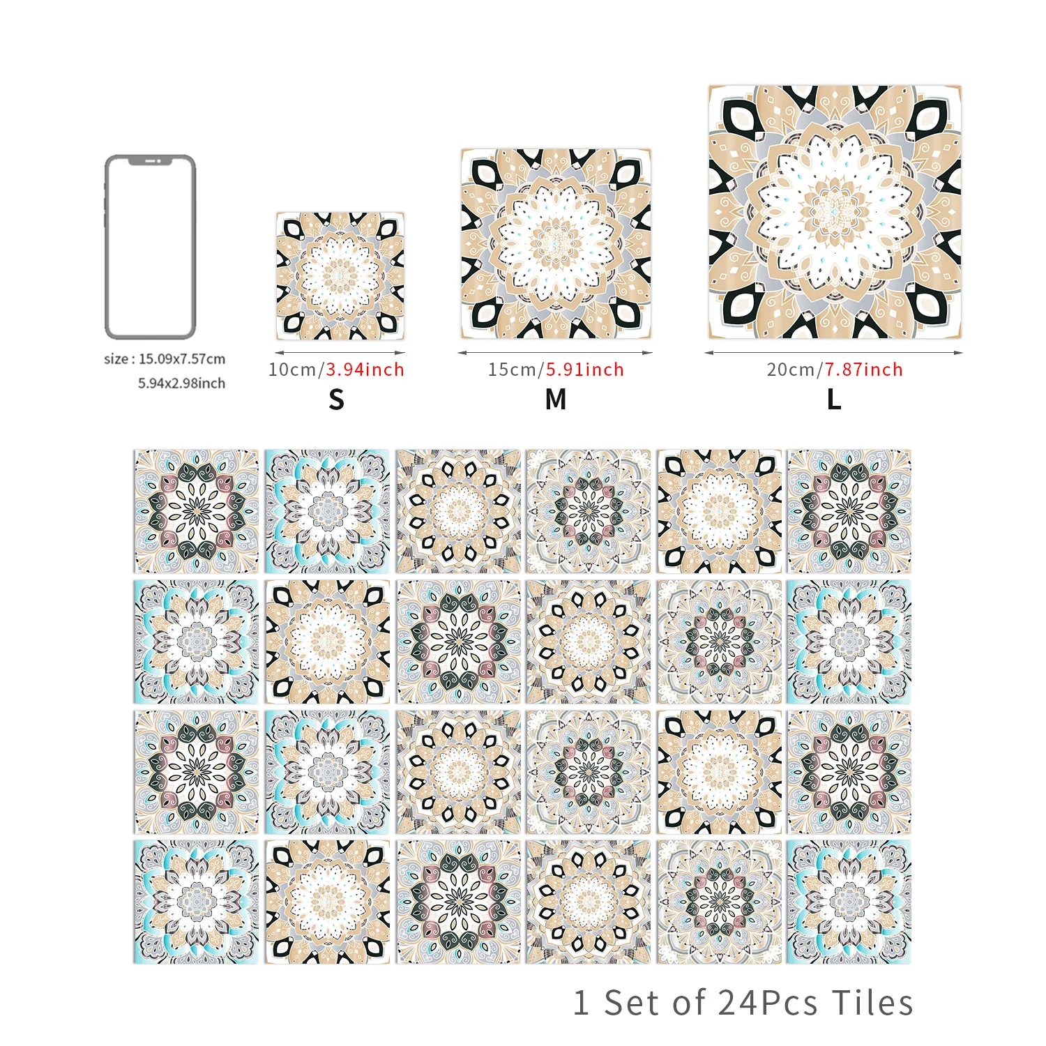 24 Pack Matte PVC Self-Adhesive Tile Stickers, European Floral Pattern Waterproof Oil-Resistant for Kitchen Backsplash Bathroom