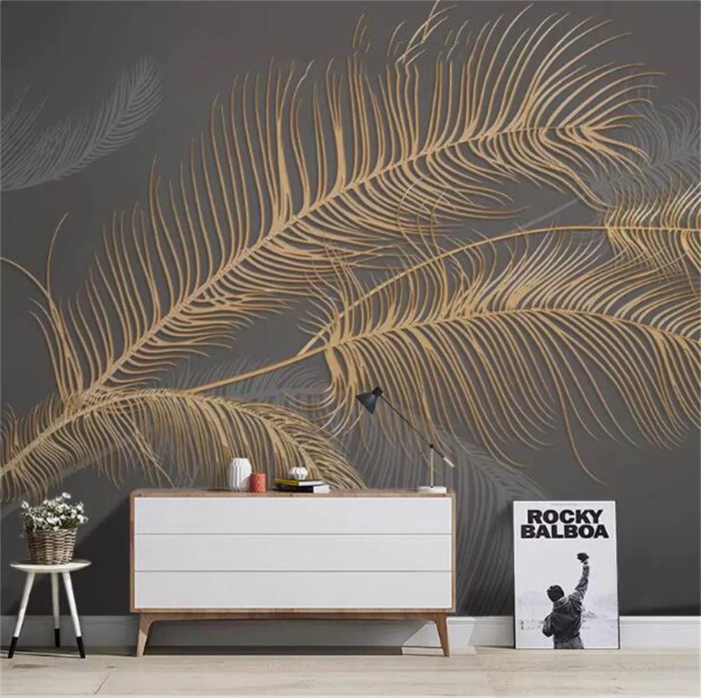 

Retro luxury feather 3d wallpaper Nordic TV background wall metal villa high-end wall cloth decoration mural