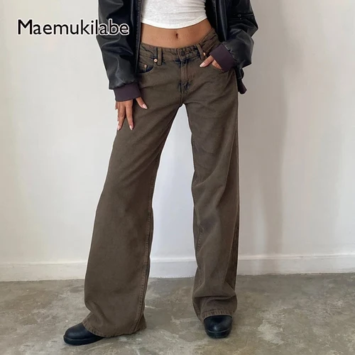 Imagen 1 del producto Maemukilabe, pantalones vaqueros holgados de tiro bajo estéticos Y2K para mujer, pantalones vaqueros rectos de pierna ancha para novio, pantalones elásticos de moda