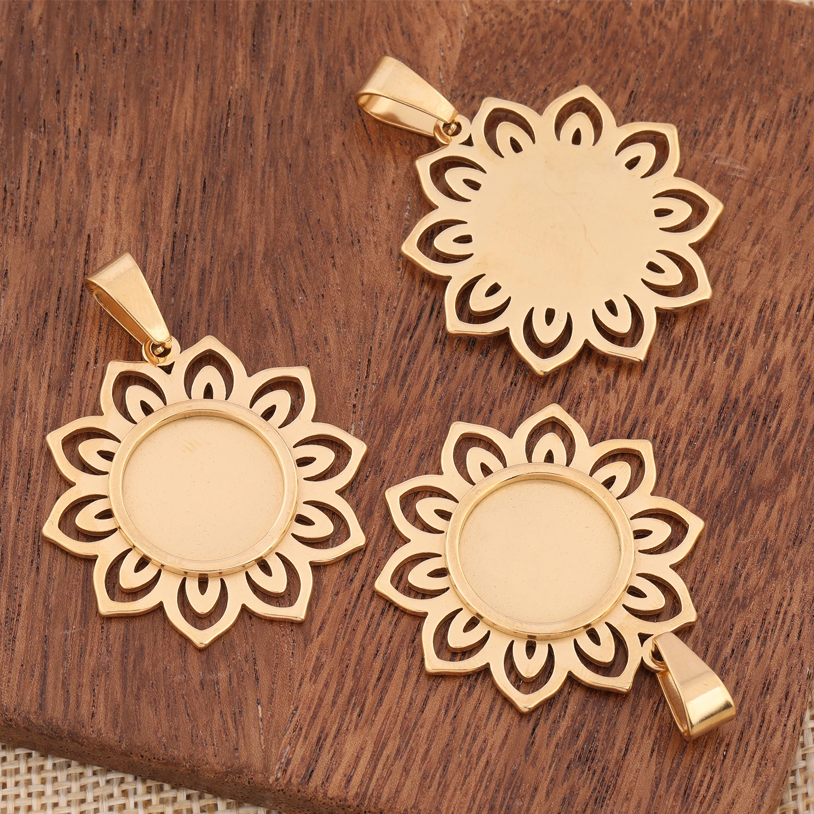 5pcs Stainless Steel Gold Plated 15mm Cabochon Base Settings Diy Flower Pendant Bezel Trays For Jewelry Making image 4