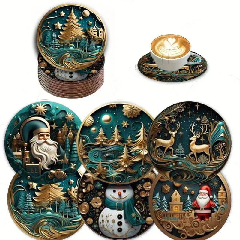A set of 6-piece wooden coasters featuring Santa Claus and snowman patterns is perfect for Thanksgiving and Christmas gifts