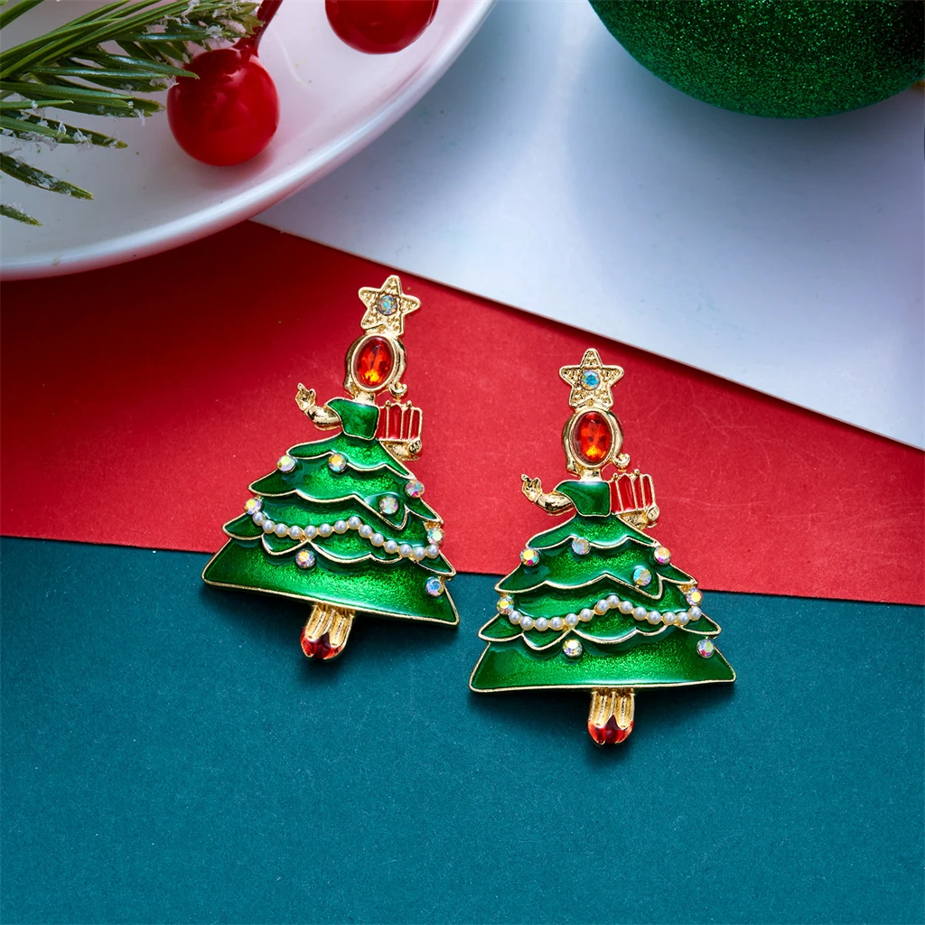 Klassische grüne Emaille-Weihnachtsbaum-Ohrhänger für Damen, bunte Strass-Imitationsperlen-Weihnachtsbaum-Ohrringe, Schmuckgeschenke – Detail 6
