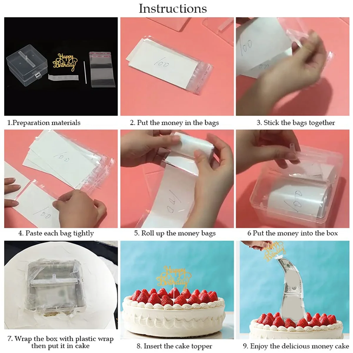 ABVS Cake Money Box Set, Money Pulling Cake Making Mold,Cake ATM Money Box with Gold Glitter Happy Birthday Cake Topper