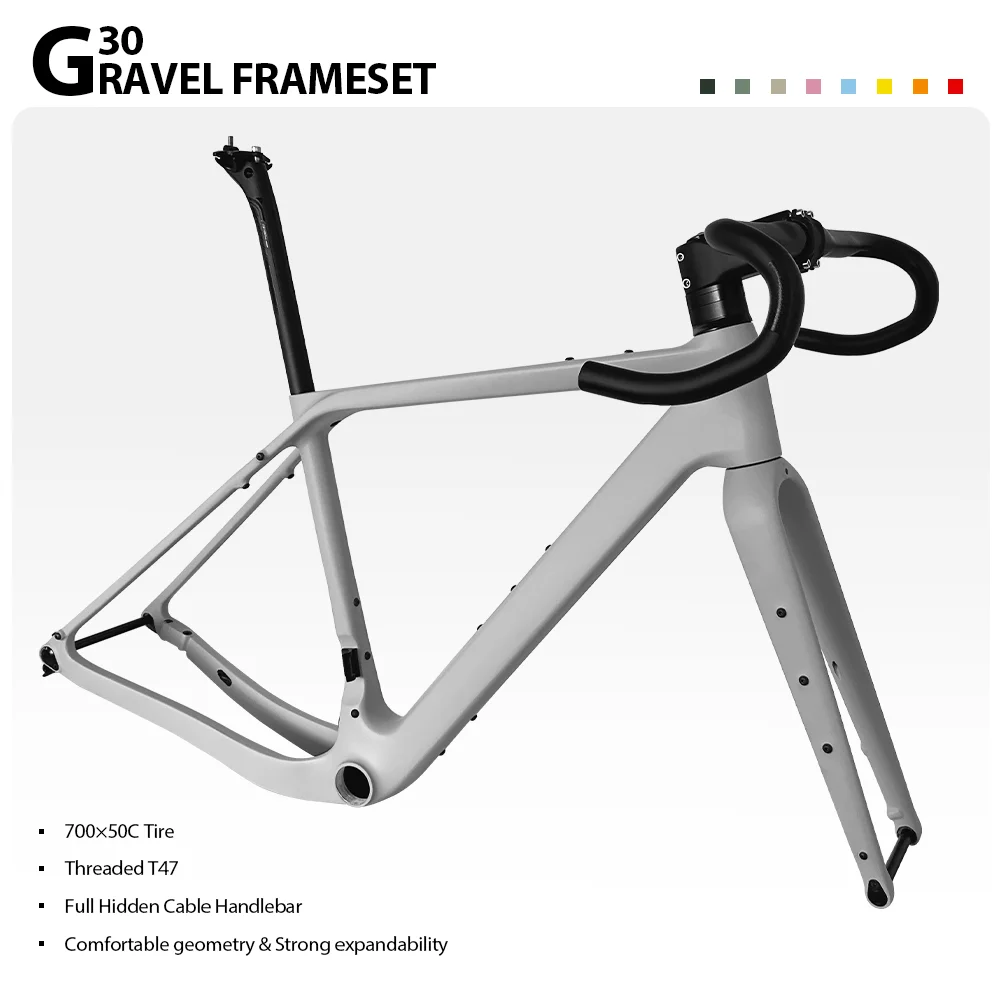 

G30 Карбоновый гравийный каркас Дисковый тормоз 700C * 50C с резьбой T47 Полный скрытый кабель Гравийный велосипед 16 ° Клешенный руль