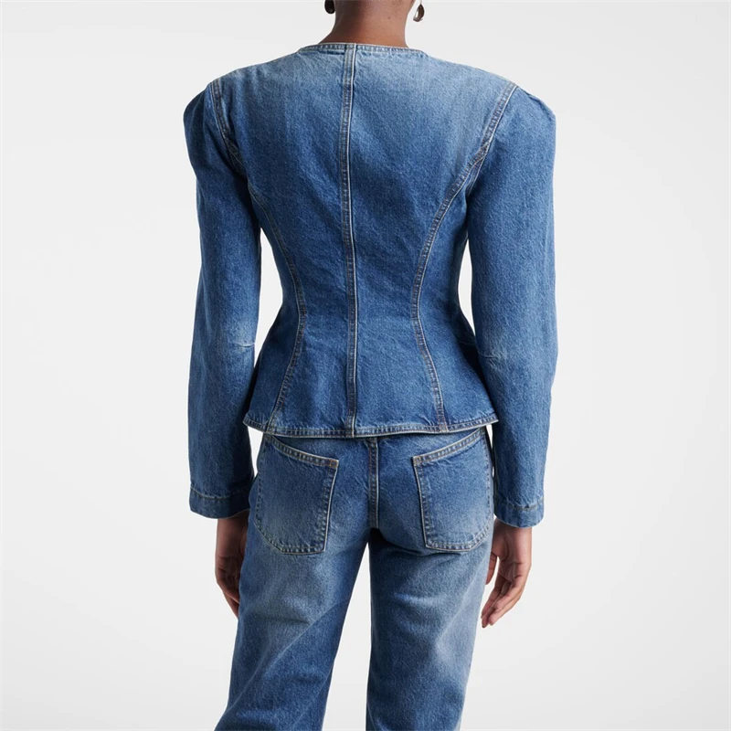 Autumn New Women's Round Neck PureCotton Washed Padded Shoulder DenimJacket Y2K High Quality Fashionable Casual Hourglass Jacket
