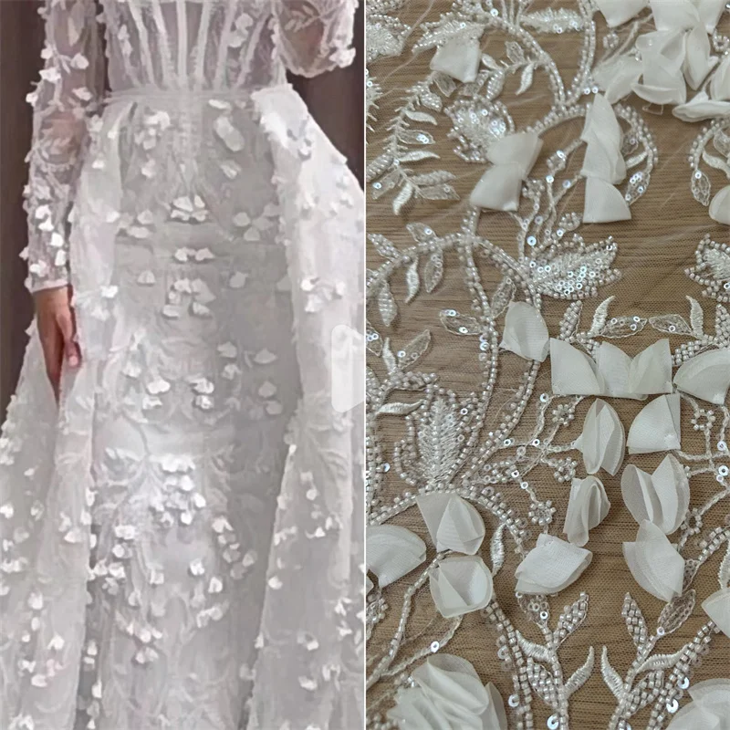 

New Hot Width 130 CM 3D Unique Flower Bead Off White Hiqh Quality Wedding Gown Applique Lace Fabric