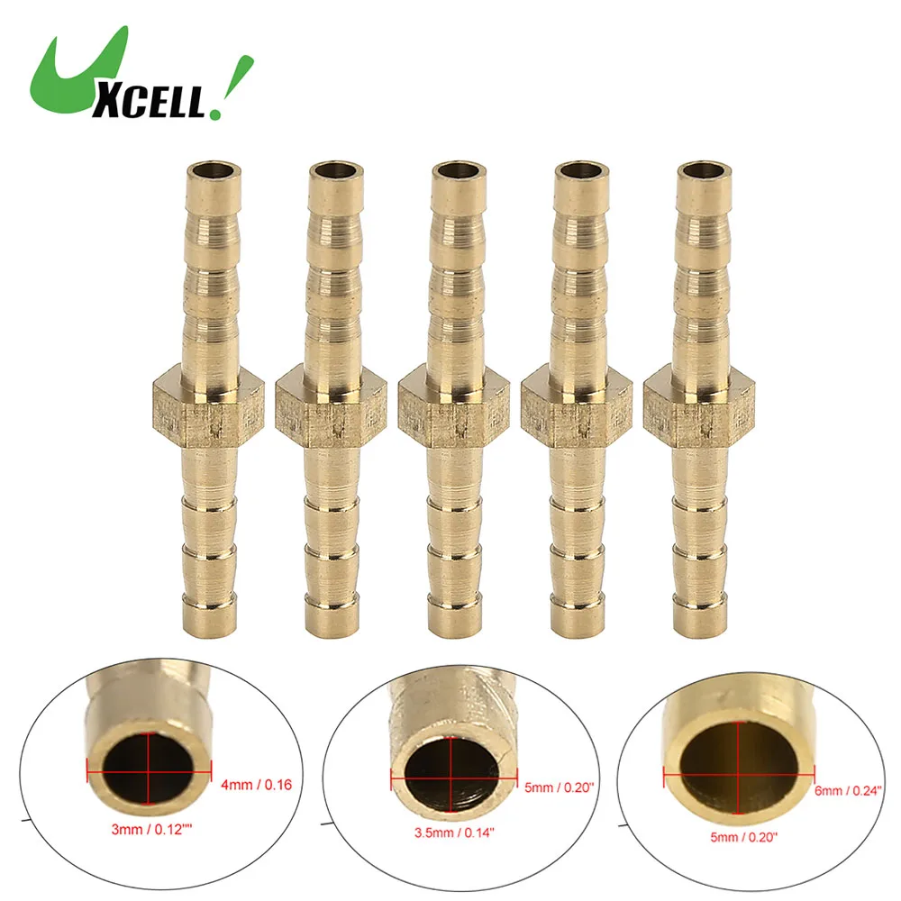 Uxcell 4/5/6/8/10mm Brass Barb Pipe Fitting 5pcs Brass Barb Hose Copper Fitting Straight Union Connector for Air Water Gas Oil