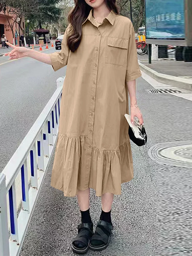 

ZANZEA Elegant Women Shirt Dress Summer Lapel Neck Half Sleeve Ruffles Hem Sundress Stylish Casual Solid Loose Vestido Kaftan