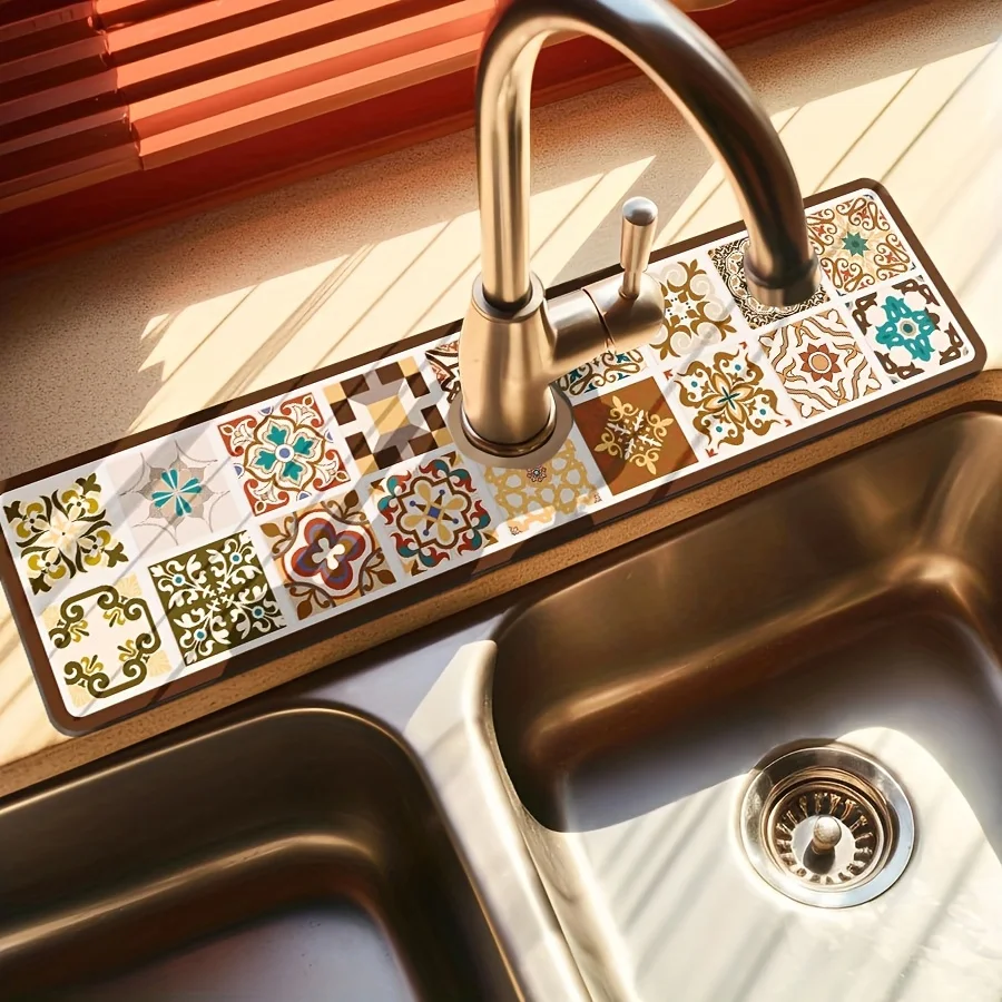 Bohemian Geometric Floral Vintage Art Themed Faucet Absorbent Mat for Kitchen Sink Drying Mat Dish Drying Mat Counter Mat