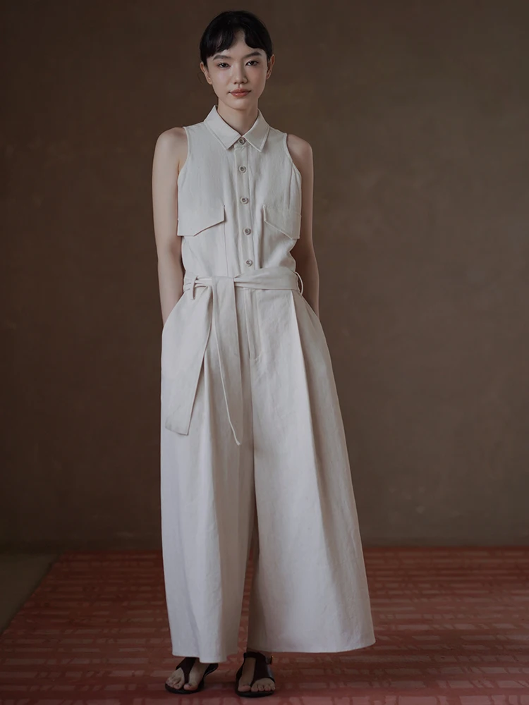 Hacikis Miss Daily Wide Leg Pants Jumpsuit Soft And Structured Mixed Linen Cotton Shirt Collar Waist Belt Loose Trousers