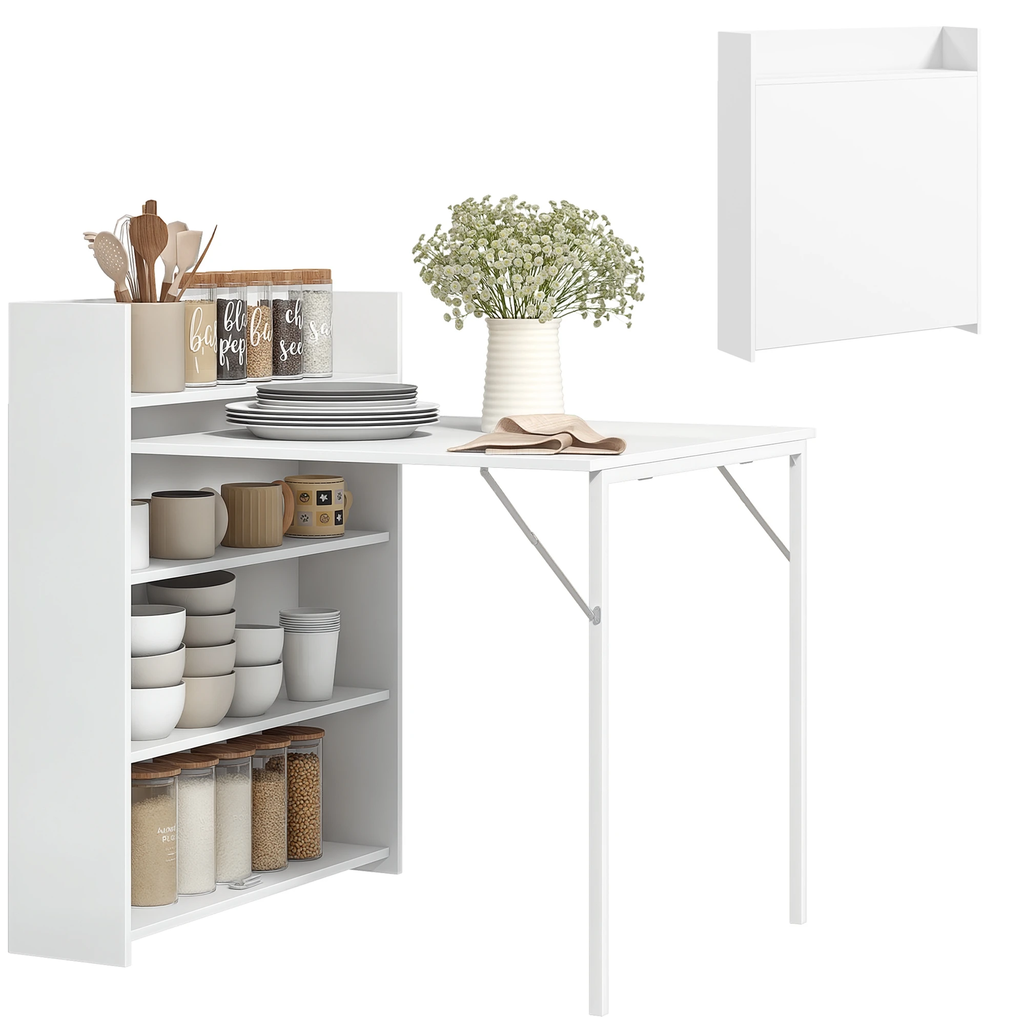HOMCOM Mesa Plegable de Comedor con Ala Abatible y 4 Compartimentos Blanco