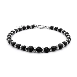 Men's Black Natural Volcanic Lava Stone Beads Necklace with Adjustable Stainless Steel Ring 22cm Runda Handmade Jewelry
