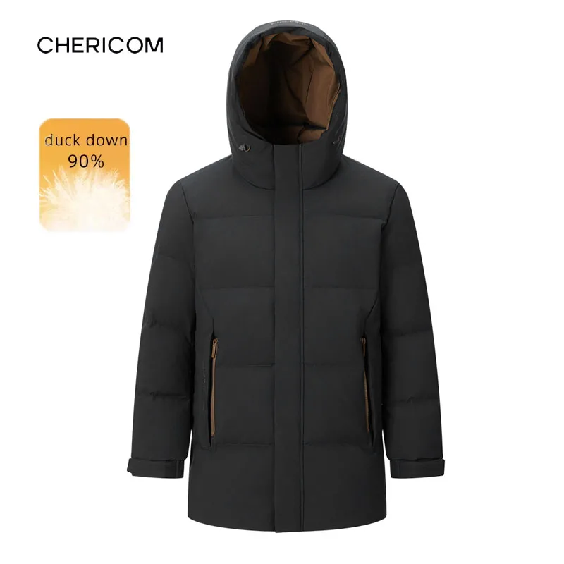 

Chericom Мужской пуховик средней длины с капюшоном, толстая ветрозащитная куртка-пуховик на утином пуху, 2025 г., зимние теплые стеганые пальто Y299660Y
