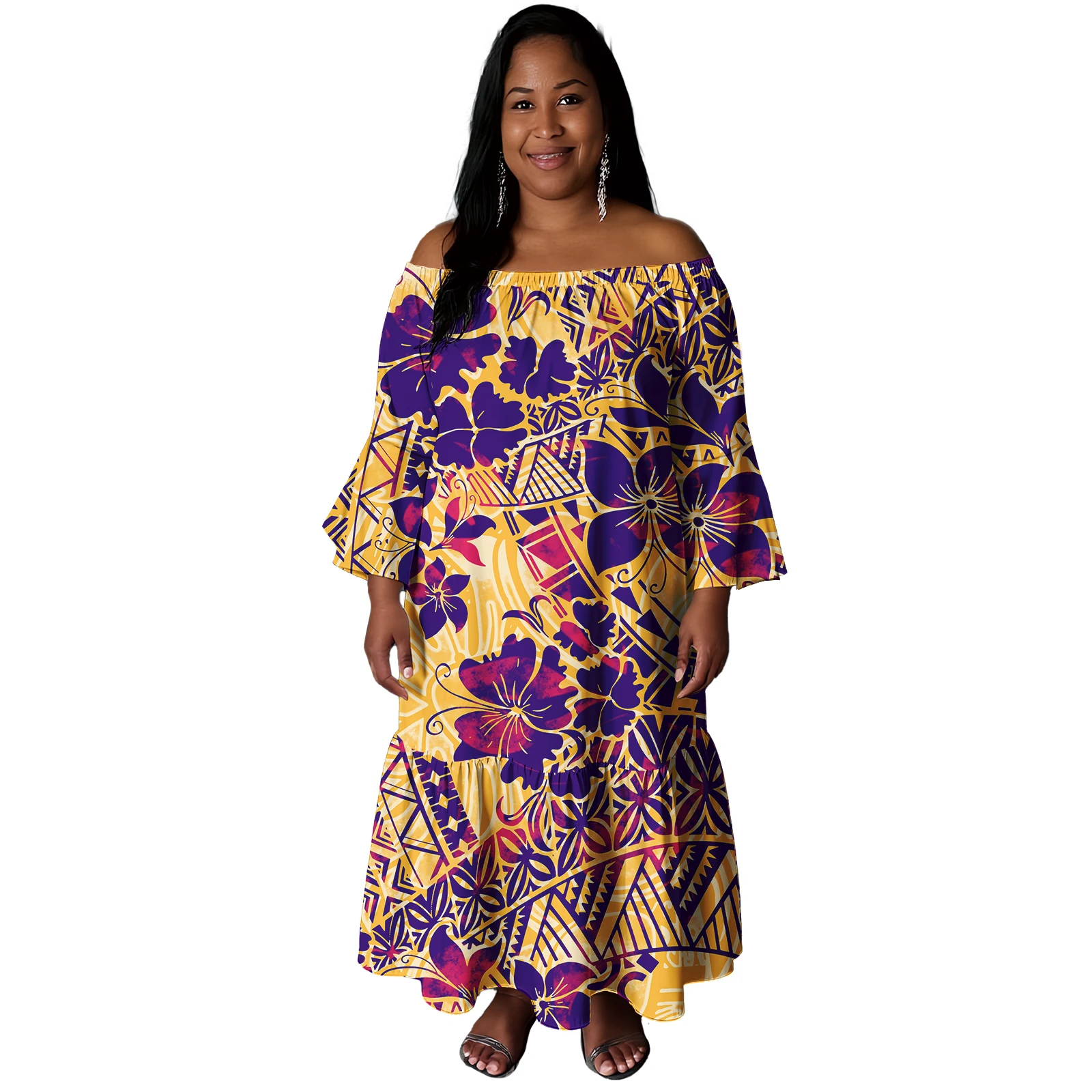

Polynesian Puletasi Dress Tradition Samoan Print Custom Pattern Mermaid Dresses Plus Size Puletasi Dresses for Ladies