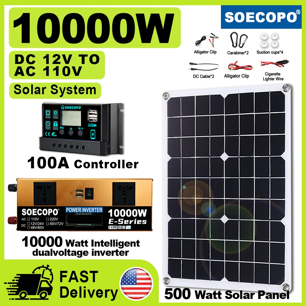 

(U.S Stock) SOECOPO 10000W Solar Generator Kit 100A Controller DC 12V/24V to AC 110V Inverter 500W Solar Panel for Camping Home