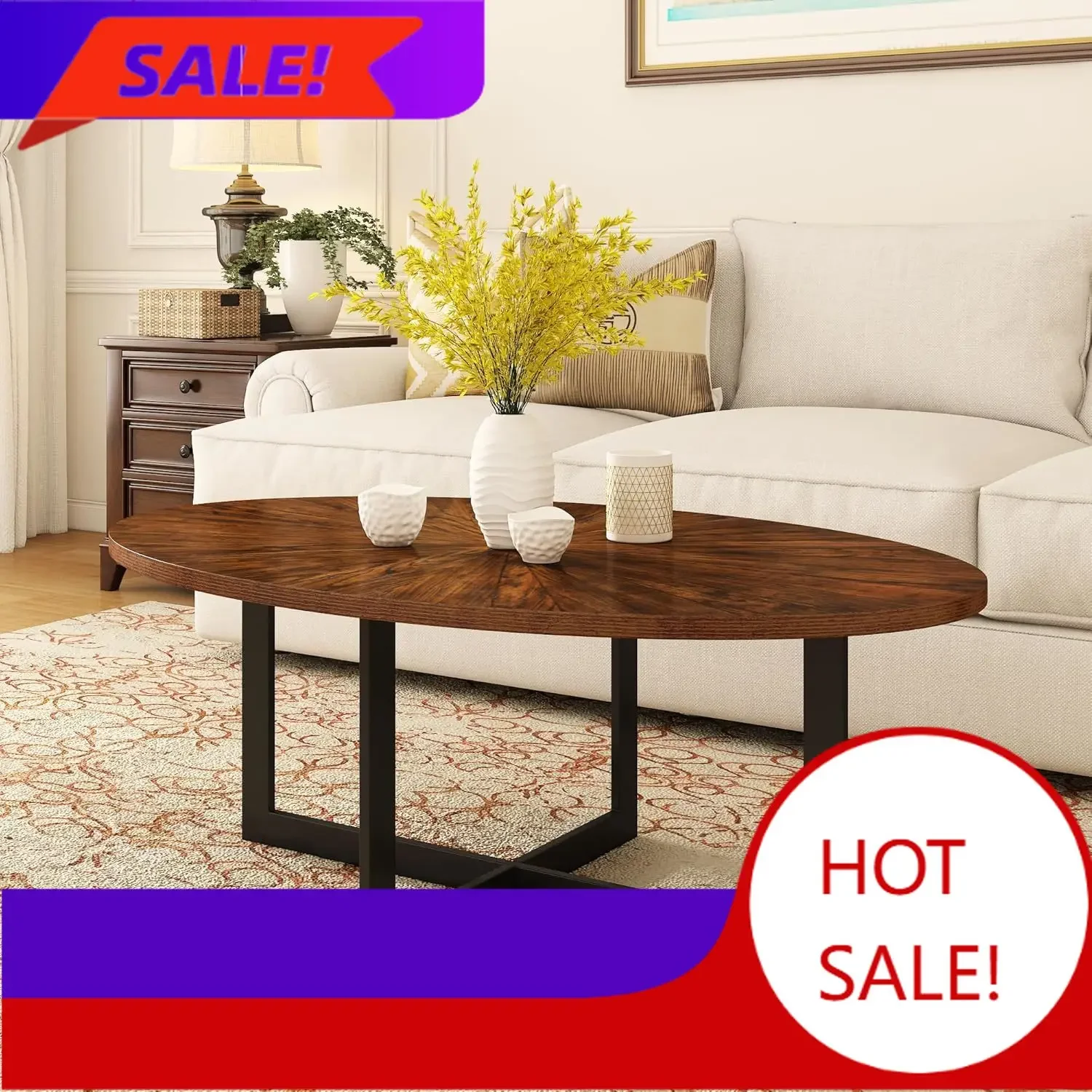 Solid Wood Oval Coffee Table with Cross Metal Legs, 47.9