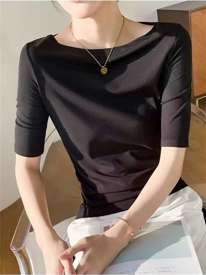 Summer New Women Knitted Cotton Elegant Slash Neck Crop Tops Half Sleeve Slim Casual Temperament Cozy Undershirts Blouses