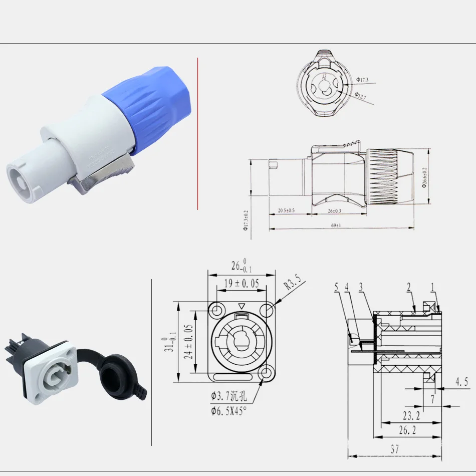 1set Waterproof Powercon Connector, 20A/250V, NAC3FCA+NAC3MPA-1&NAC3FCB+NAC3MPB-1,Lockable Cable Connector + Chassis Connector