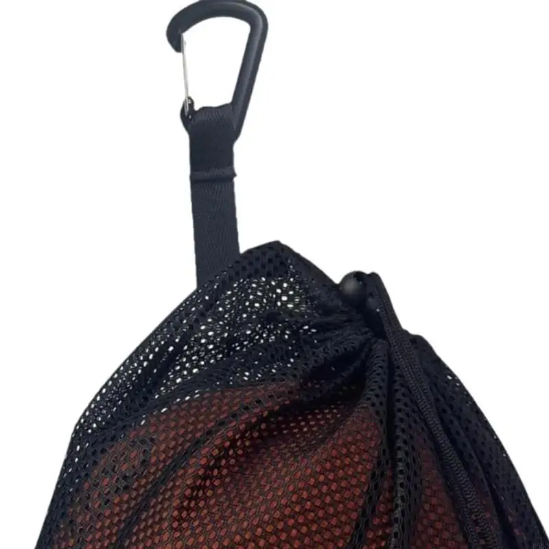 Mesh Basketball Net Bag with Zippers Pocket, Sport Drawstring Back Bag with Hanging Hook for Carrying Soccer Volleyball D5QD