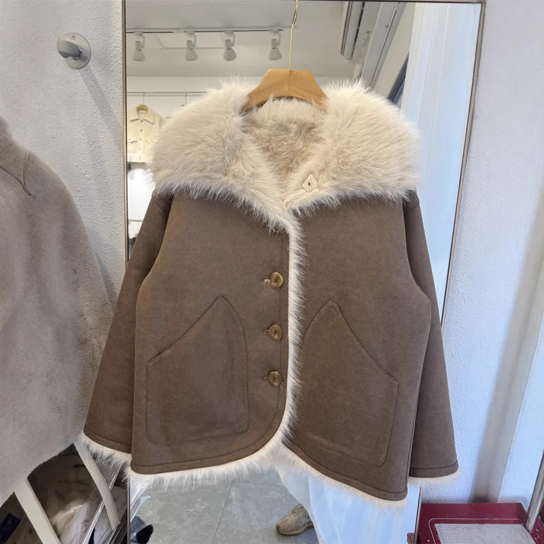 

Thiened ort Lamb Fur Simulation Warm Winter Coat Adult Women's Long Sve Turn-down Collar Classic Sle Leather-and-fur...