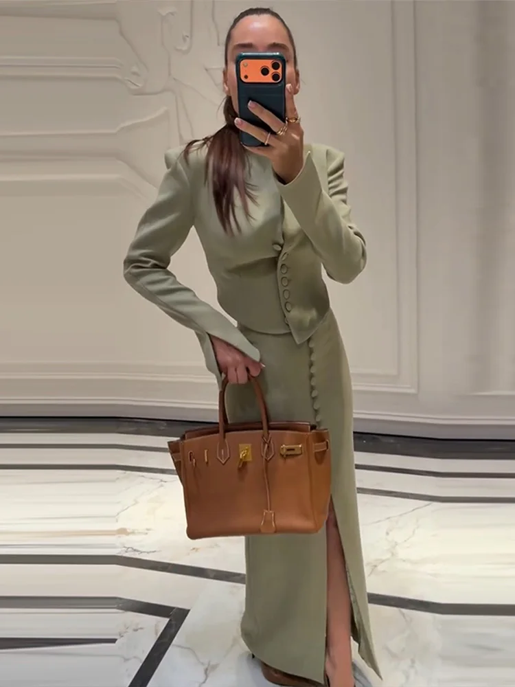Casual Solid Slim Top Skirt Suit Women Single Breasted Full Sleeve Tops Long Split Skirts Sets 2026 Autumn Fashion Set Lady New