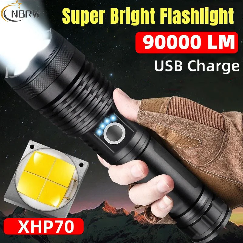 90000 Lumens Led Flashlights USB Rechargeable LED Brightest Flashlight Waterproof Zoomable LED Tactical Torch Light for Camping