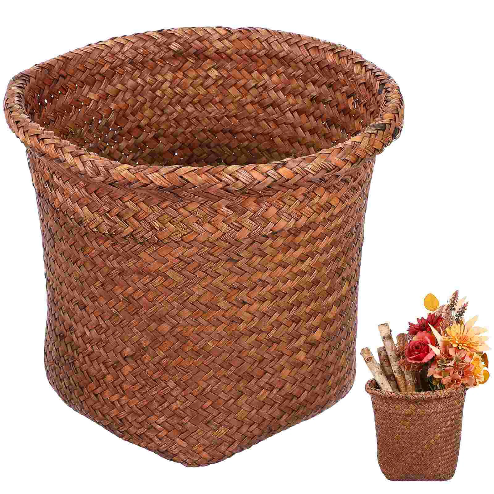 

Garbage Can Storage Basket Office Trash Container Wastebasket Wicker Paper Cattail Grass