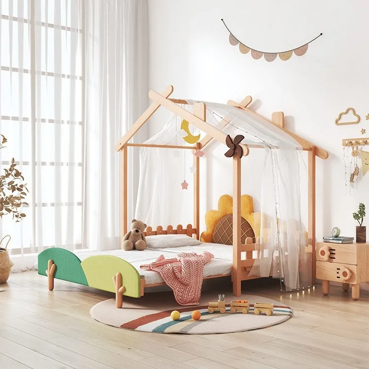 سرير أطفال بناتي من الخشب الصلب مع درابزين مكتب بيت شجرة مدمج بتصميم قابل للسحب بطول 1.5 متر #3