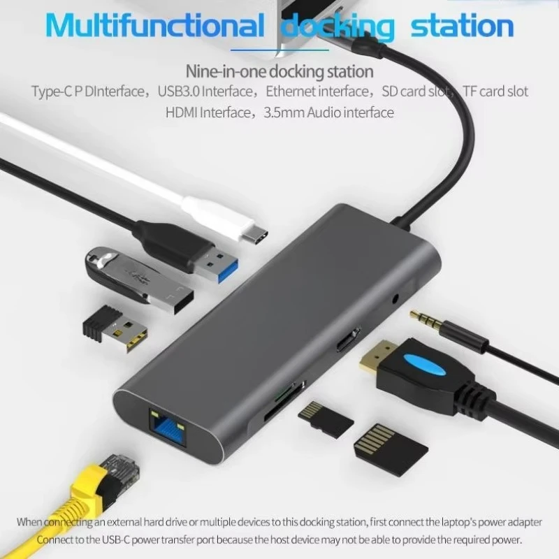 EE1 RJ45 1000M Audio 3.5MM SD TF Card Reader USB 3.0 USB C Hub 9 In 1 HDTV 4K 60Hz USB Type C Charger Adapter