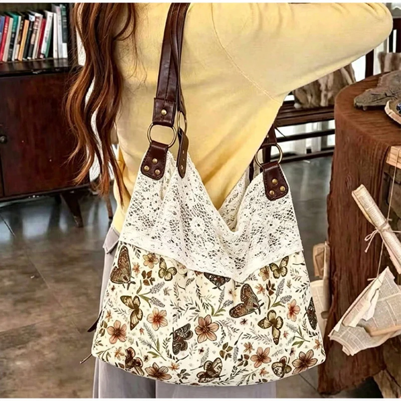 Mori Girl Ditsy-Blumenmuster-Schultertasche mit Spitzenbesatz und Patchwork-Design, Damen-Handtasche im Colorblock-Stil, leichte Vintage-Bohemian-Chic-Tasche – Detail 7