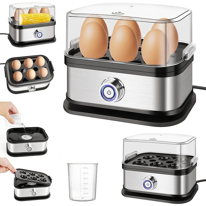 BRIEFNESS Hervidor de Huevos Eléctrico 350W, Vaporera 6 Huevos Multifunción con Protección Anti-Quemado, Apagado Automático, para Huevos, Verduras, Empanadillas, Maíz, Taza Medidora