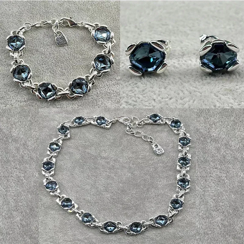 2024 Spain UNOde dazzling luxury and gorgeous quadrilateral blue crystal jewelry set for women's gifts