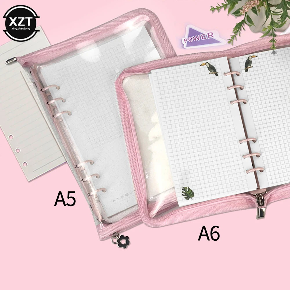 A5 Loose-Leaf Notebook Cover PVC Glitter Zipper 6 Hole Journal Student Study Stationery Office Planner
