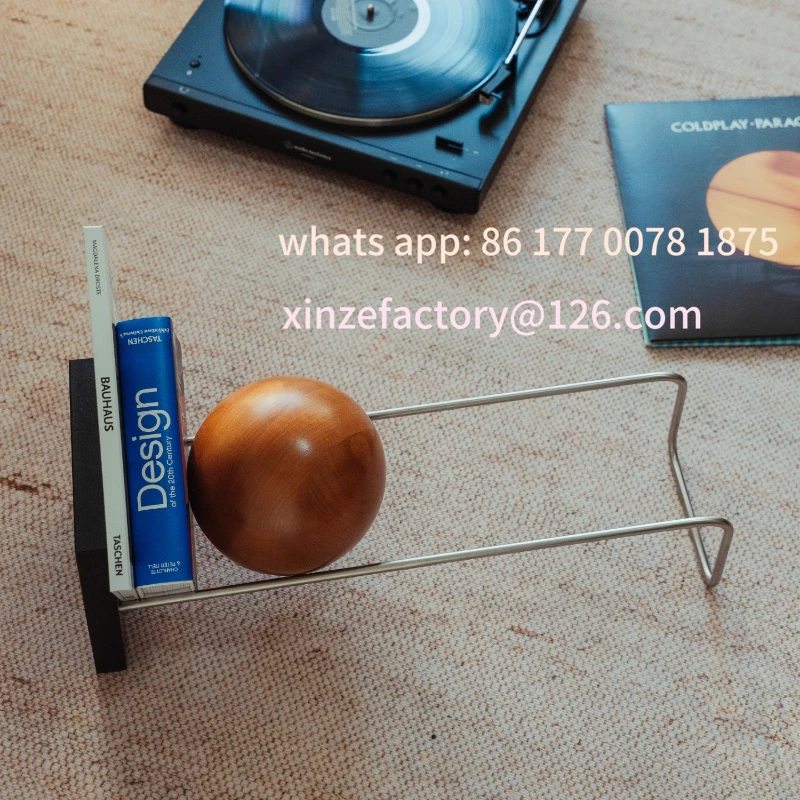 Customizable Magazine Rack Wood Ball Record Holder Stainless Steel Sphere Bookend Modern Book Organizer