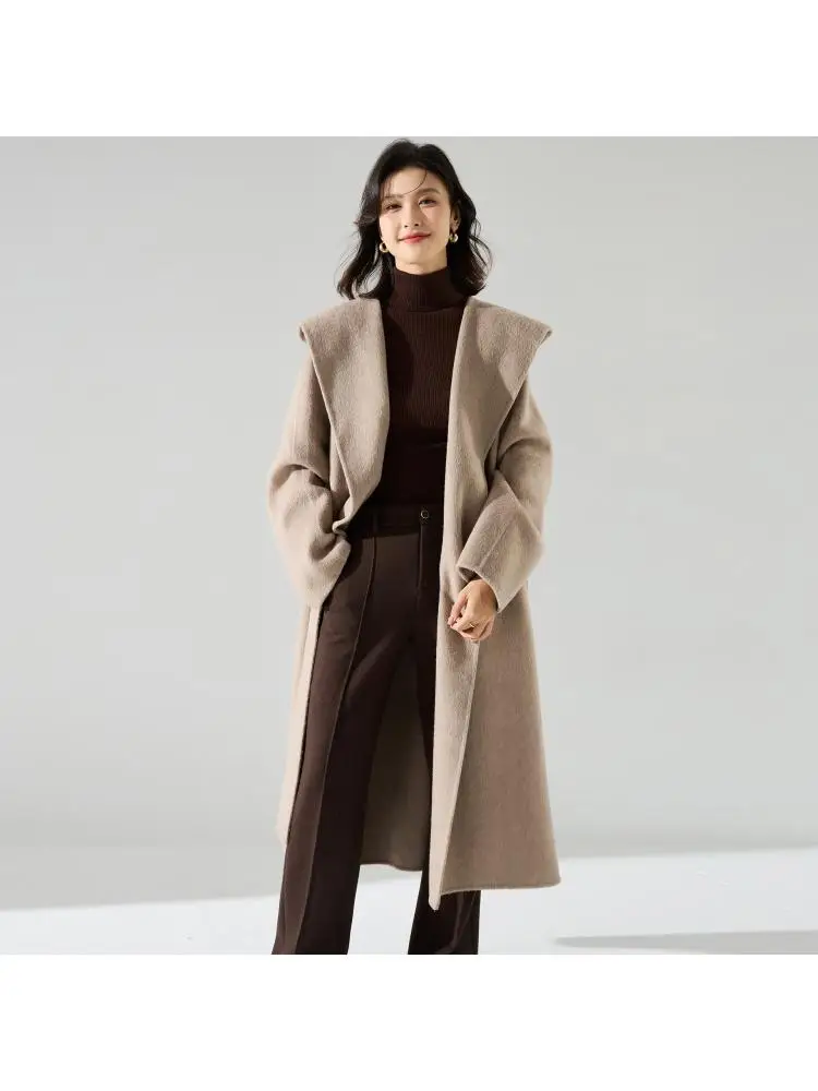 Office Lady Cashmere Woolen Jackets 2024 Autumn And Winter High-Grade Hooded Bathrobe Style Loose Lace-Up Long Women Wool Coats