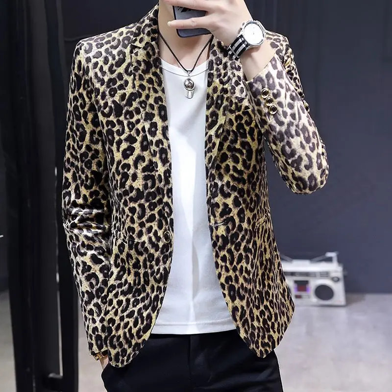 Men's Leopard Print Blazer Slim Fit Korean Style Casual Suit Jacket Trendy Streetwear Single Breasted Coat Spring Autumn