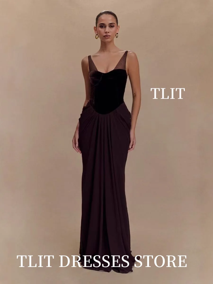 TLIT Sexy Mesh Straps Velvet Corset Patchwork Dress Women Sleeveless Backless Folds Slim Dresses Elegant Evening Gown Customized