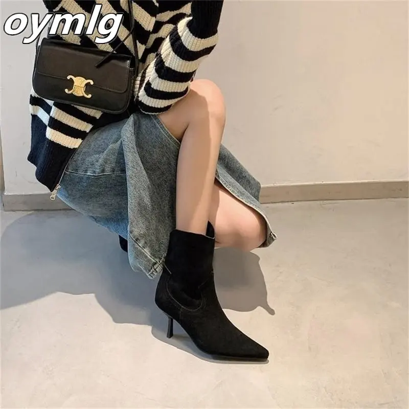 Stiletto high-heeled bare boots 2022 early autumn new sheep flip leather pointed toe yellow short boots