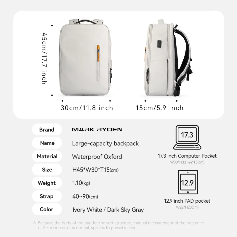 MarkRyden Backpack Men Student backpack 17.3-inch computer bag Outdoor Travel Bag Female Backpack Work Waterproof Large Capacity