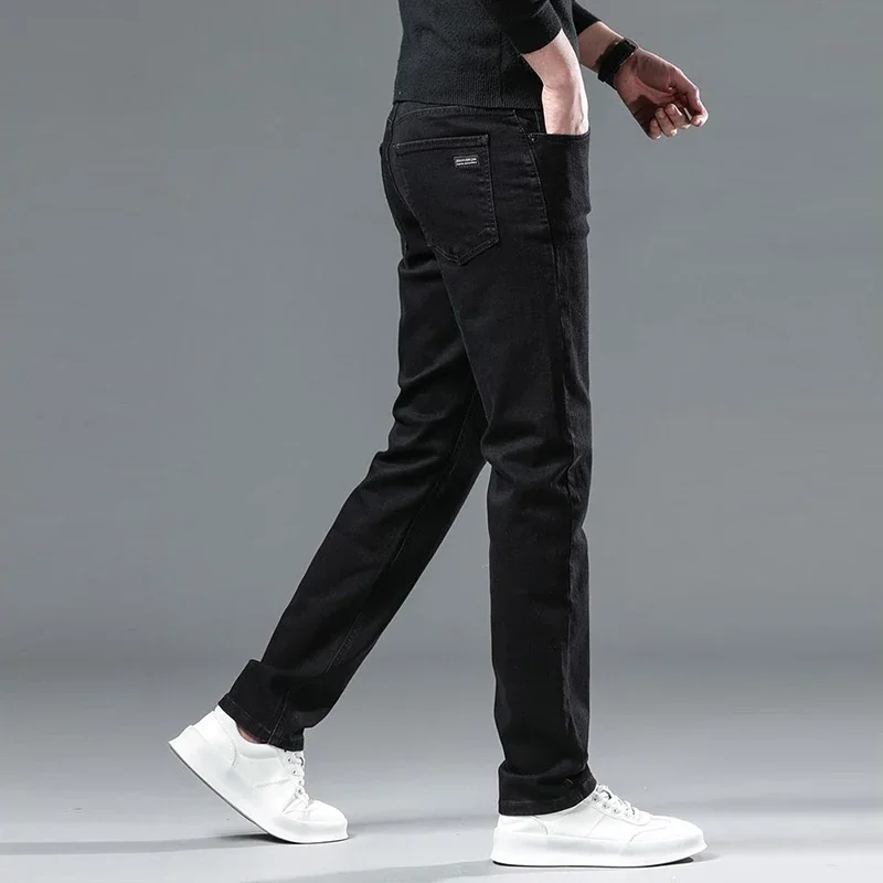 Мужские осенние модные универсальные свободные прямые эластичные джинсы, мужские удобные облегающие джинсовые брюки, умные повседневные брюки