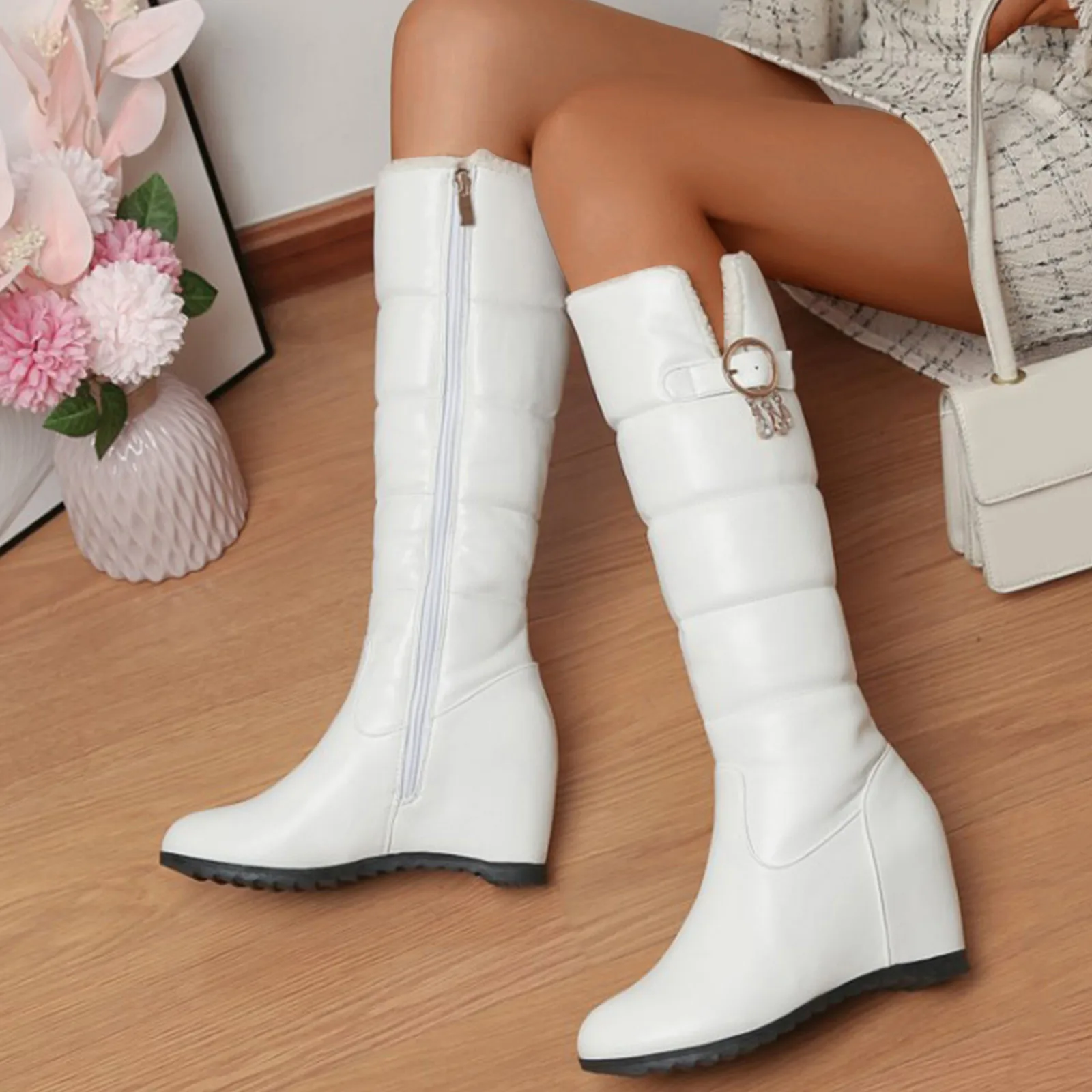 2023 Women Winter Warm Knee High Boots Platform Height Increasing Ladies Snow Boots PU Leather Side Zipper Round Toe Women Boots