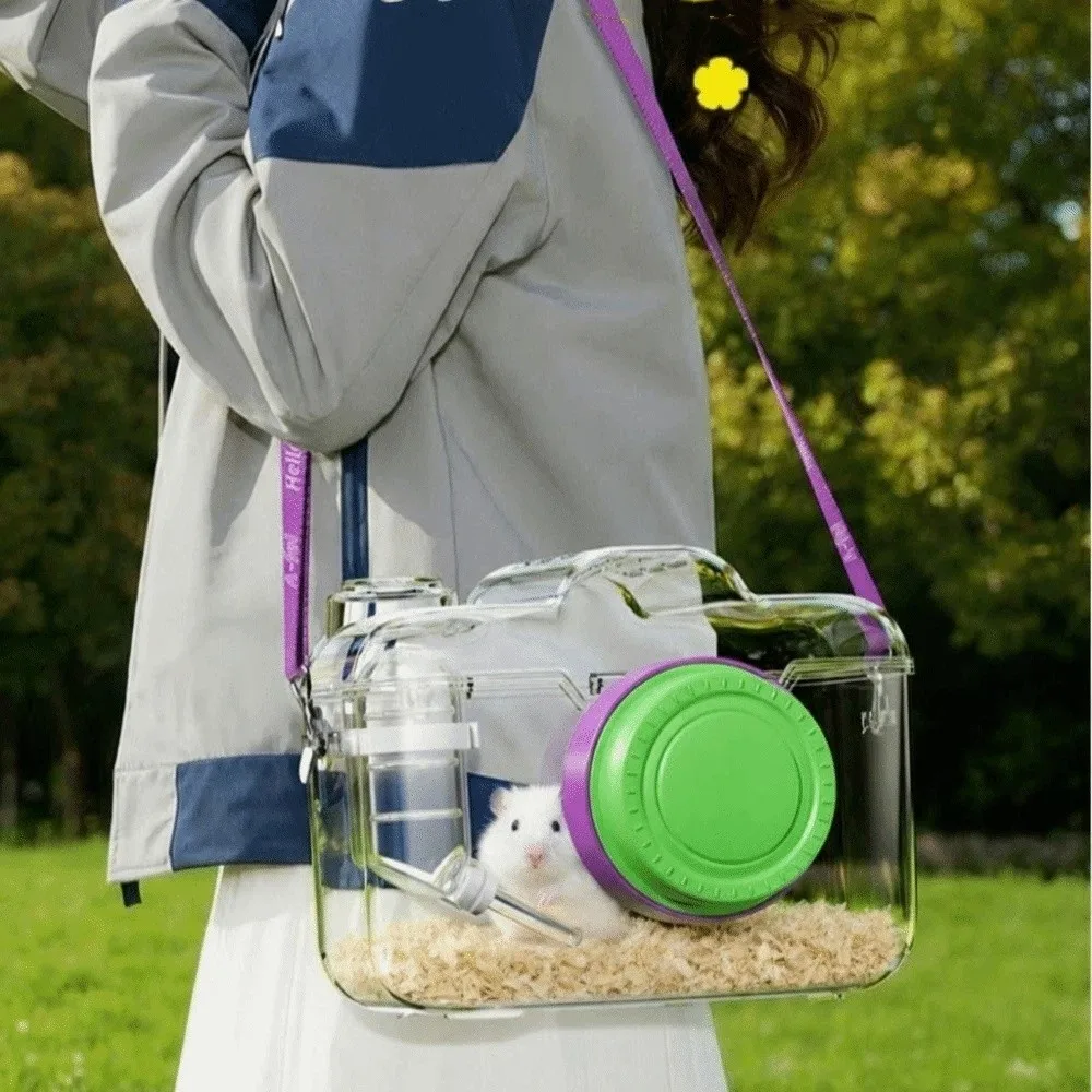 Transparent Hamster Carriers Cage Ventilated with Water Bottle Travel Hamster Carrier Adjustable Strap Camera Shape