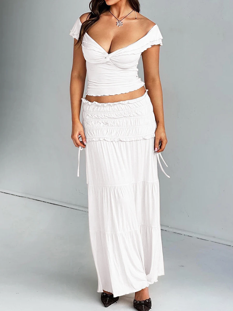 

Women Summer 2 Piece Outfits Lettuce Trim Off-Shoulder Tops and Elastic Ruched Long Skirt Set for Streetwear