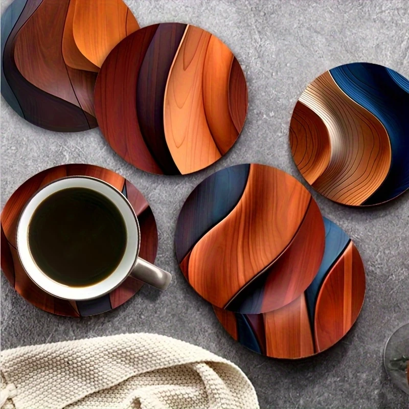 Conjunto de 6 Porta-Copos Retros em Madeira Circular 2D, Design Resistente ao Calor com Textura de Madeira para Decoração de Mesa de Café em Casa ou Escritório