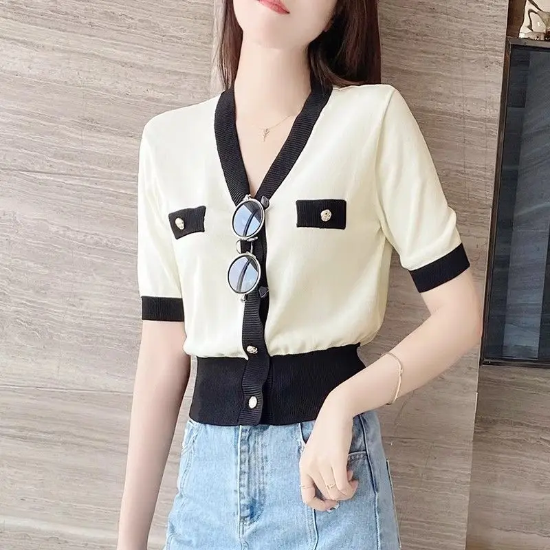 Women Clothing Elegant Solid Patchwork Button Cardigan Summer Casual Loose V-neck Short Sleeve Top Lady Fashion Thin Knits