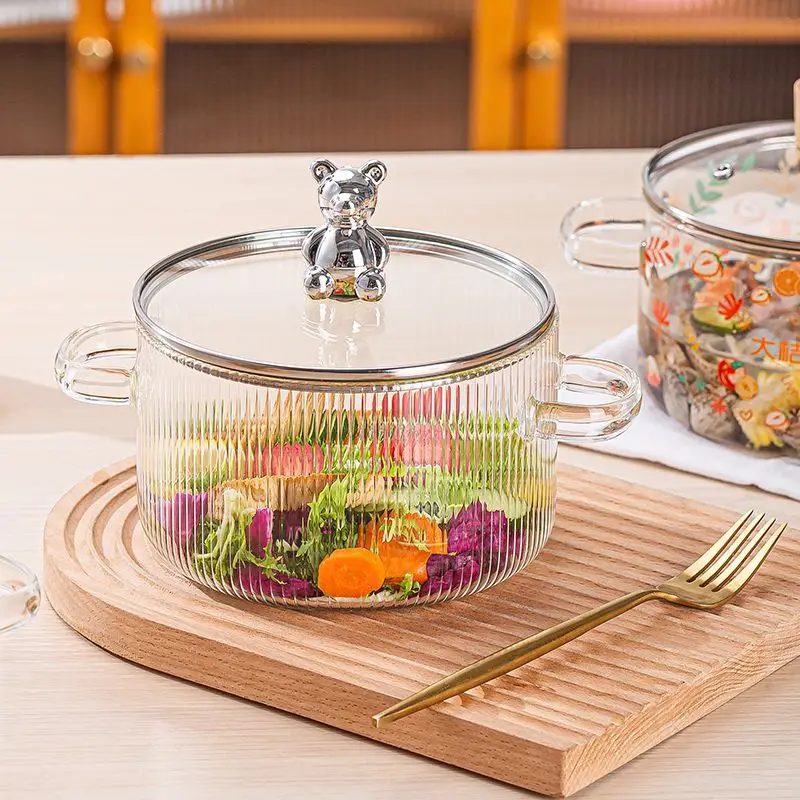 1.6L Creative Teddy Bear Double Ear Soup Pot, Striped Glass Health Pot, High Temperature Resistant Heatable Instant Noodle Bowl