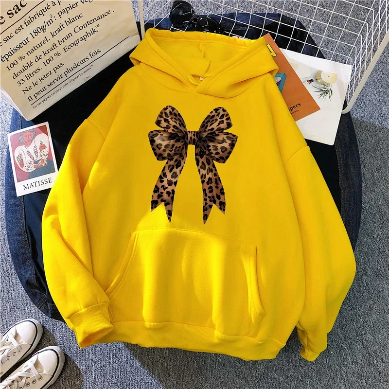

Funny Bow Heart Love Leopard Print Hoodies Long Sleeve Sweatshirts Streetwear Women's Casual Graphic Hooded Pullovers Clothes