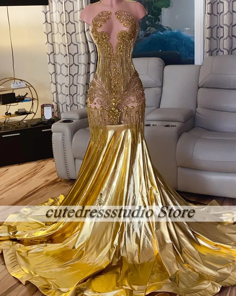 Vestidos De Graduación Gold Prom Dresses Black Girls 2025 Crystal Rhinestone Tassel Mermaid Party Gown Customized vestido fiesta