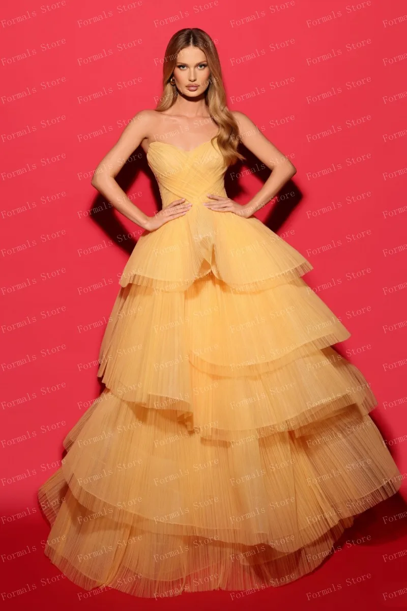 Sweethear Yellow Layered Tulle Ball Gown Ruffled Floor Length Woman Clothes See Through Folds Evening Dresses Ever Pretty